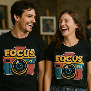 Person wearing the black photography on t shirts graphic tee - "Focus Pls" design