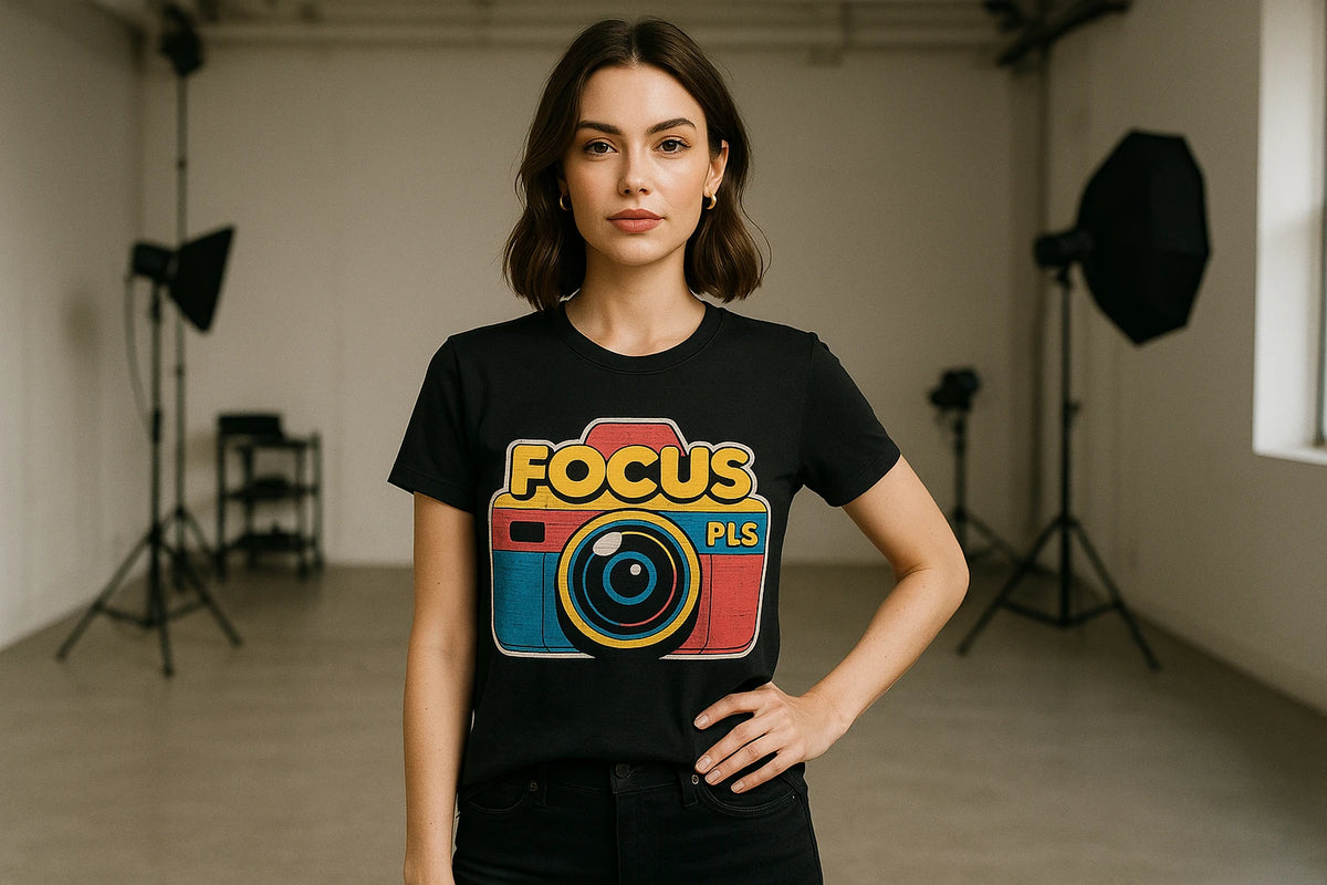 Lifestyle shot of the "Focus Pls" black photography on t shirts in a real-world setting