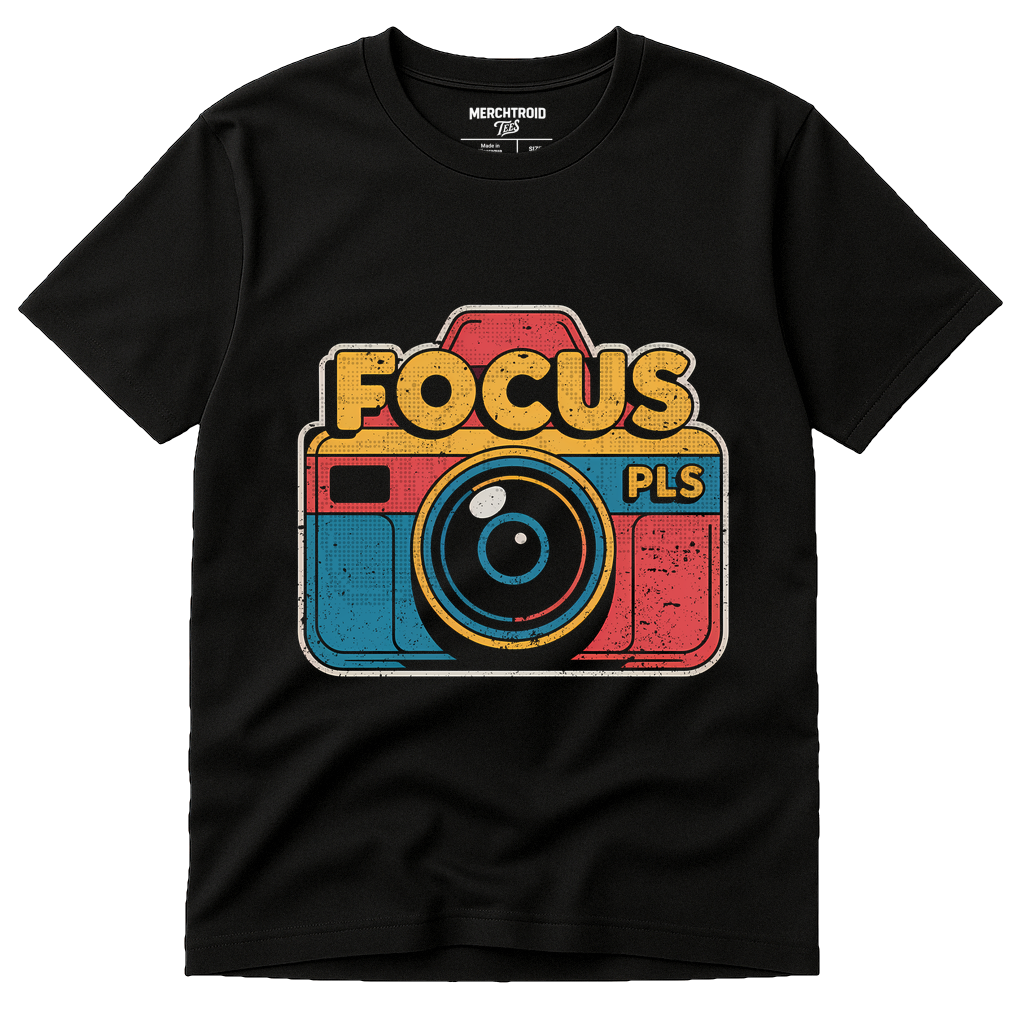 Black Photography On T Shirts - "Focus Pls" graphic tee with orange print, flat lay product photo