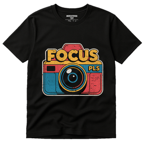 Black Photography On T Shirts - "Focus Pls" graphic tee with orange print, flat lay product photo