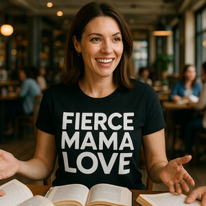 Lifestyle shot of the "Fierce Mama Love" black mum life t shirt in a real-world setting