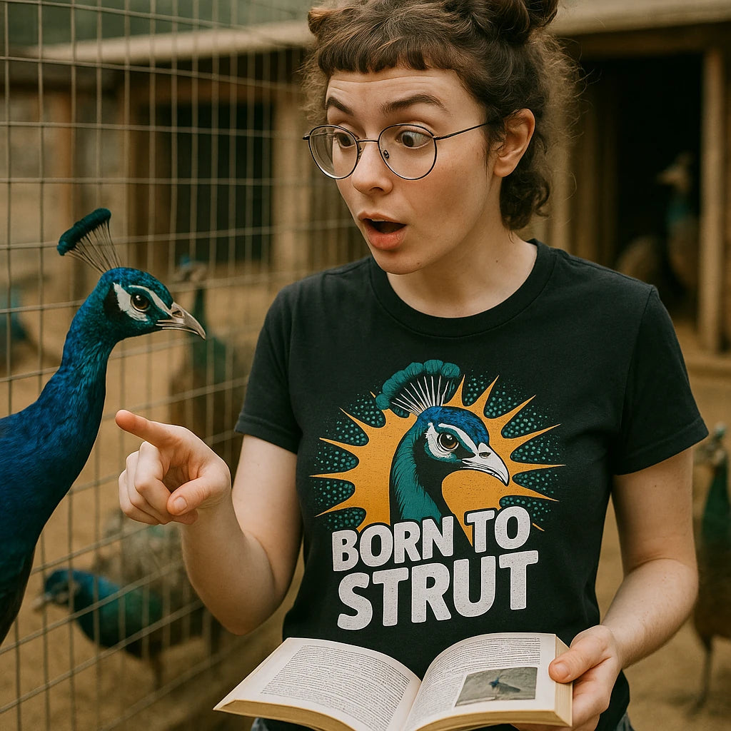 "Born To Strut" black peacock shirts, photographed as gifts for peacock lovers