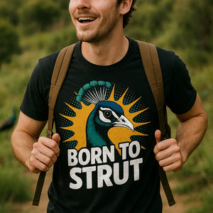 "Born To Strut" black peacock shirts - also a peacock shirt for women
