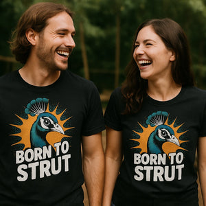 Person wearing the black peacock shirts graphic tee - "Born To Strut" design