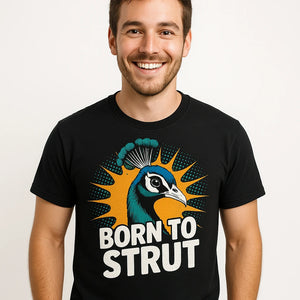 Close-up of the "Born To Strut" gold print on a premium Bella+Canvas black peacock shirts