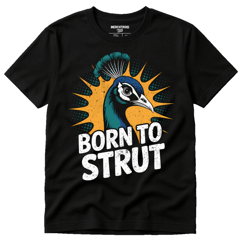 Black Peacock Shirts - "Born To Strut" graphic tee with gold print, flat lay product photo