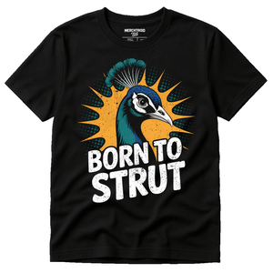 Black Peacock Shirts - "Born To Strut" graphic tee with gold print, flat lay product photo