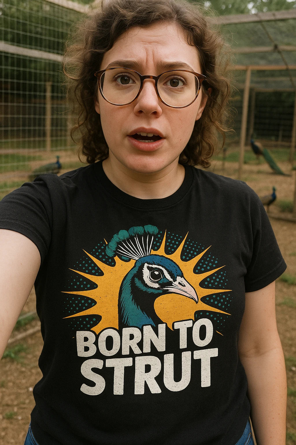 "Born To Strut" black peacock shirts - also a peacock blue shirt for men