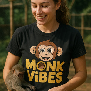 "Monk Vibes" black monkey face t shirt, photographed as gift ideas for monkey lovers