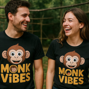 Person wearing the black monkey face t shirt graphic tee - "Monk Vibes" design