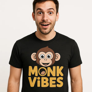 Close-up of the "Monk Vibes" gold print on a premium Bella+Canvas black monkey face t shirt