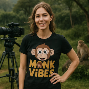 Lifestyle shot of the "Monk Vibes" black monkey face t shirt in a real-world setting