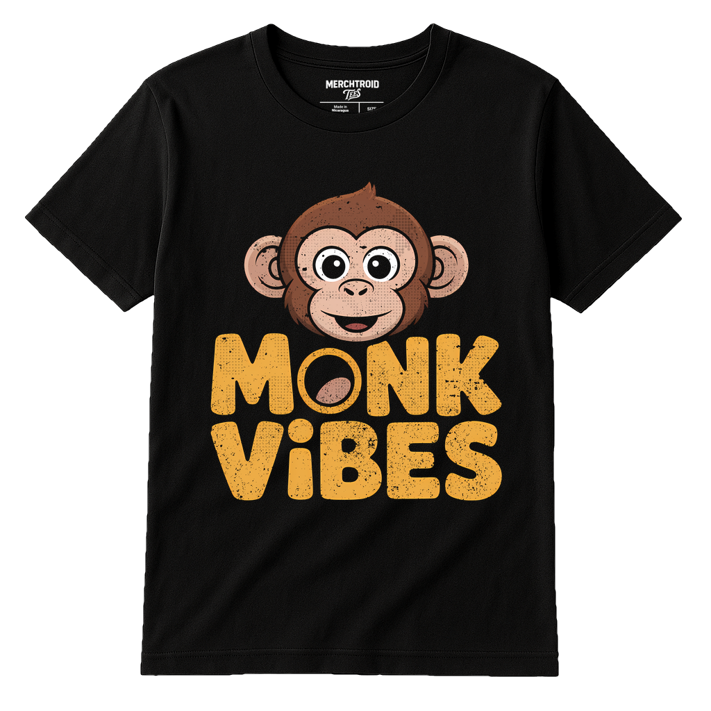 Black Monkey Face T Shirt - "Monk Vibes" graphic tee with gold print, flat lay product photo