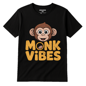 Black Monkey Face T Shirt - "Monk Vibes" graphic tee with gold print, flat lay product photo