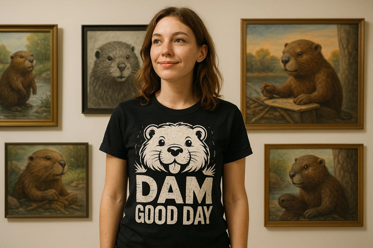 Lifestyle shot of the "Dam Good Day" black beavers t shirt in a real-world setting
