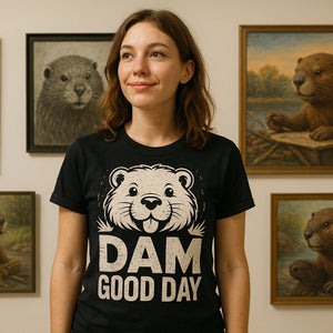 Lifestyle shot of the "Dam Good Day" black beavers t shirt in a real-world setting