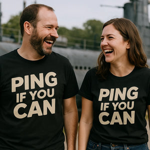 Person wearing the black submarine tee shirts graphic tee - "Ping If You Can" design