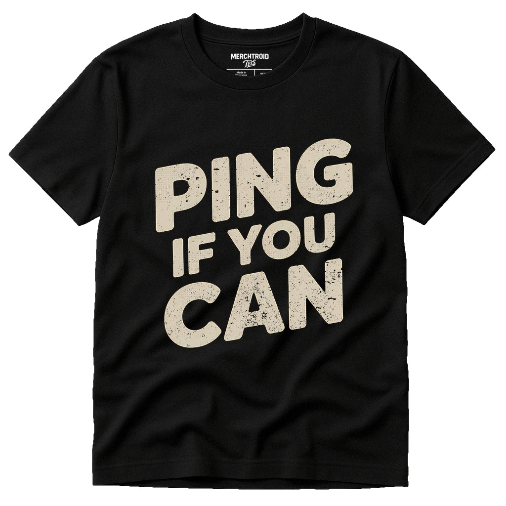 Black Submarine Tee Shirts - "Ping If You Can" graphic tee with beige print, flat lay product photo