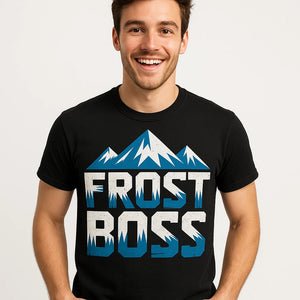 Close-up of the "Frost Boss" white print on a premium Bella+Canvas black the arctic t shirt