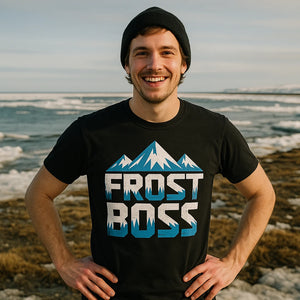 Lifestyle shot of the "Frost Boss" black the arctic t shirt in a real-world setting