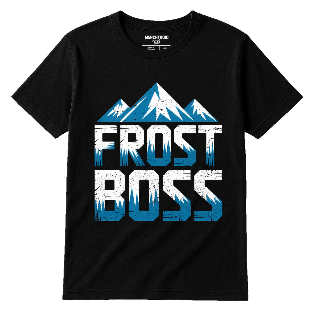 Black The Arctic T Shirt - "Frost Boss" graphic tee with white print, flat lay product photo