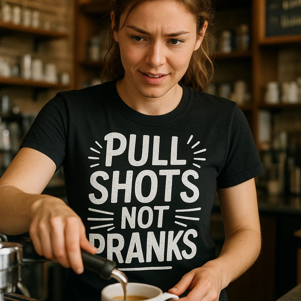 "Pull Shots Not Pranks" black espresso t shirt - also one of the gifts for someone with an espresso machine