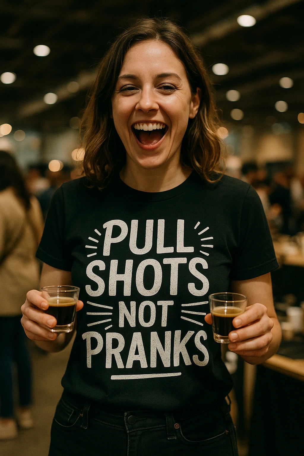 "Pull Shots Not Pranks" black espresso t shirt - also a espresso coffee gifts
