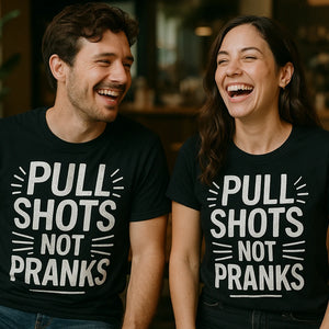 Person wearing the black espresso t shirt graphic tee - "Pull Shots Not Pranks" design