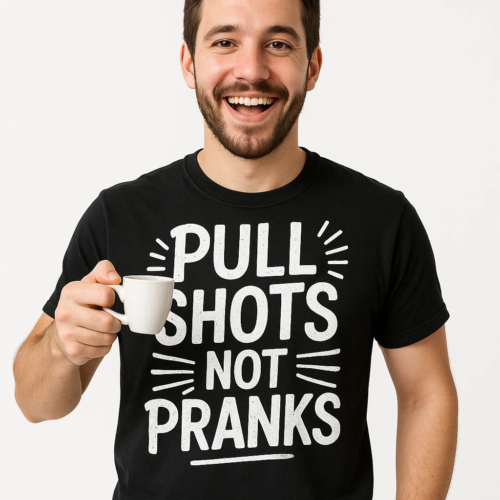 Close-up of the "Pull Shots Not Pranks" white print on a premium Bella+Canvas black espresso t shirt