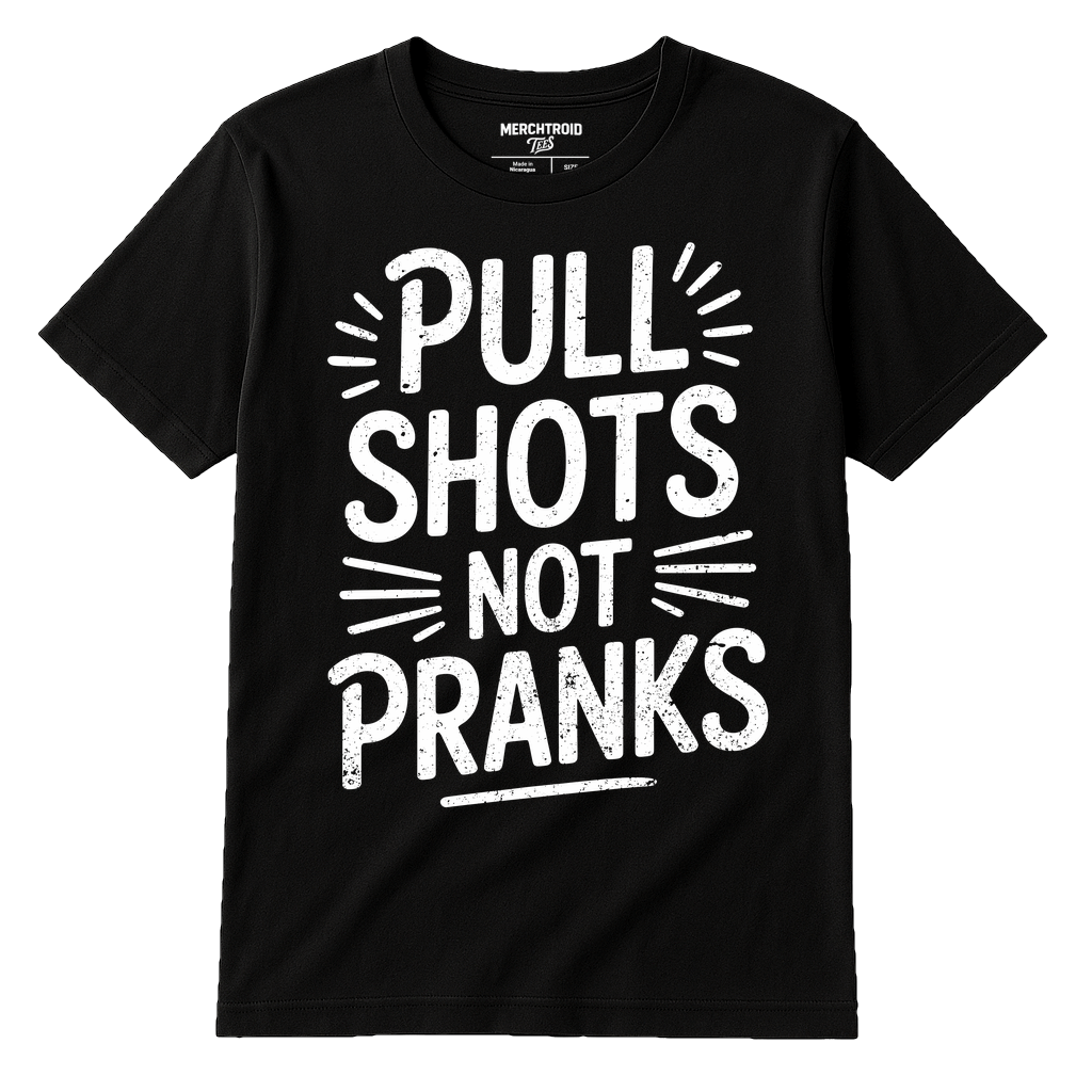 Black Espresso T Shirt - "Pull Shots Not Pranks" graphic tee with white print, flat lay product photo