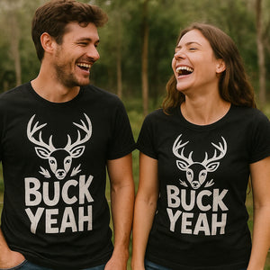 Person wearing the black deer tee shirts graphic tee - "Buck Yeah" design