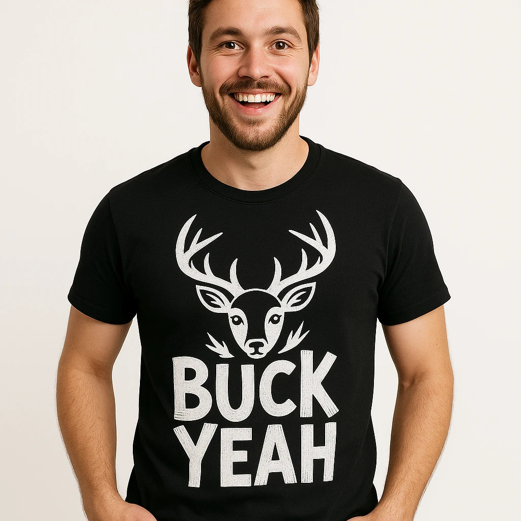 Close-up of the "Buck Yeah" white print on a premium Bella+Canvas black deer tee shirts