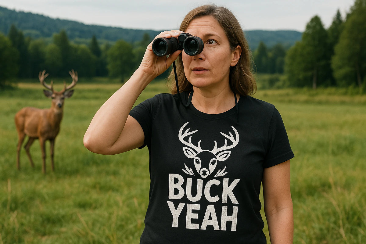 Lifestyle shot of the "Buck Yeah" black deer tee shirts in a real-world setting