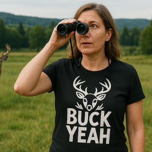 Lifestyle shot of the "Buck Yeah" black deer tee shirts in a real-world setting