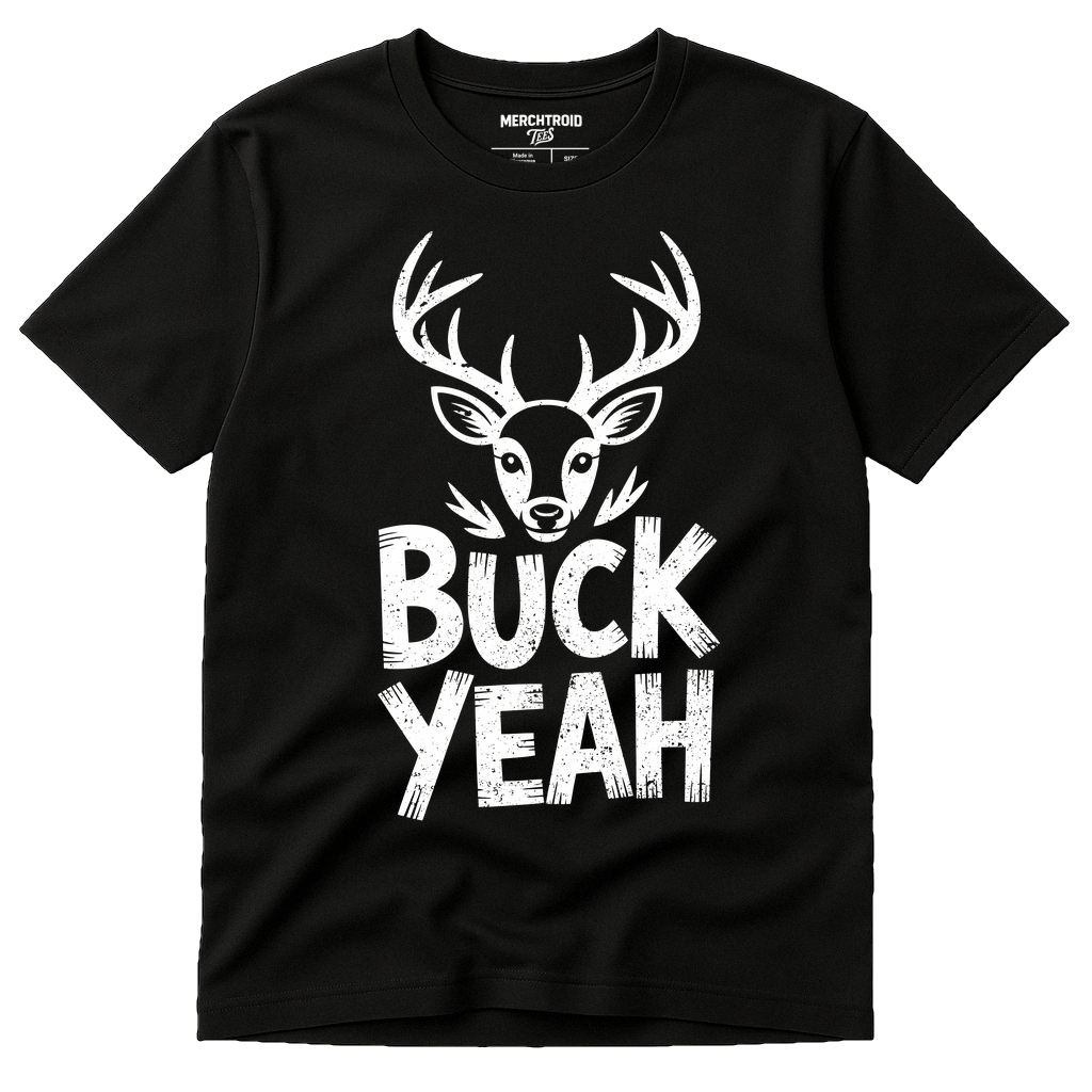 Black Deer Tee Shirts - "Buck Yeah" graphic tee with white print, flat lay product photo