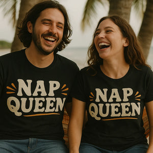 Person wearing the black relaxing shirts graphic tee - "Nap Queen" design