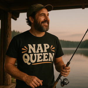 Lifestyle shot of the "Nap Queen" black relaxing shirts in a real-world setting