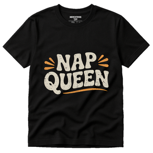 Black Relaxing Shirts - "Nap Queen" graphic tee with beige print, flat lay product photo