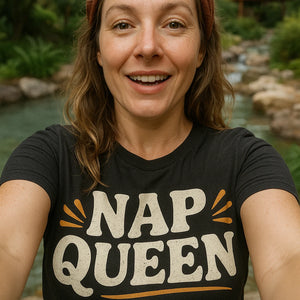 "Nap Queen" black relaxing shirts, photographed as relaxing lover gift