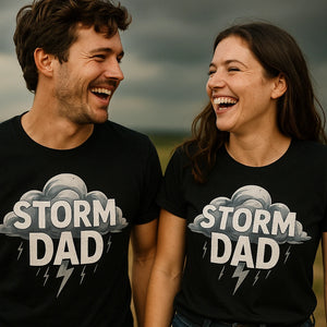 Person wearing the black storms shirts graphic tee - "Storm Dad" design
