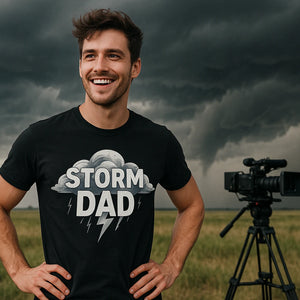 Lifestyle shot of the "Storm Dad" black storms shirts in a real-world setting