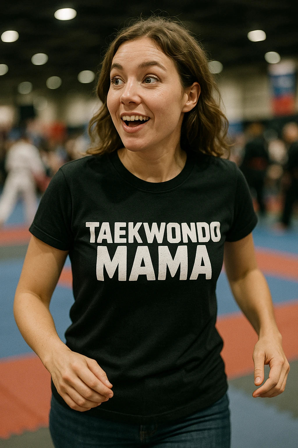 "Taekwondo Mama" black t shirt martial arts, photographed as martial art lover gift