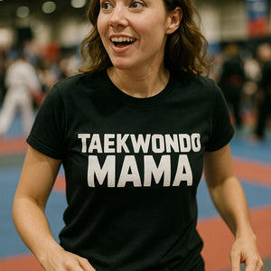 "Taekwondo Mama" black t shirt martial arts, photographed as martial art lover gift