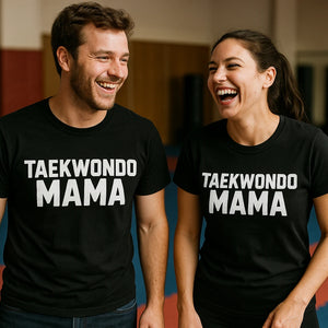 Person wearing the black t shirt martial arts graphic tee - "Taekwondo Mama" design
