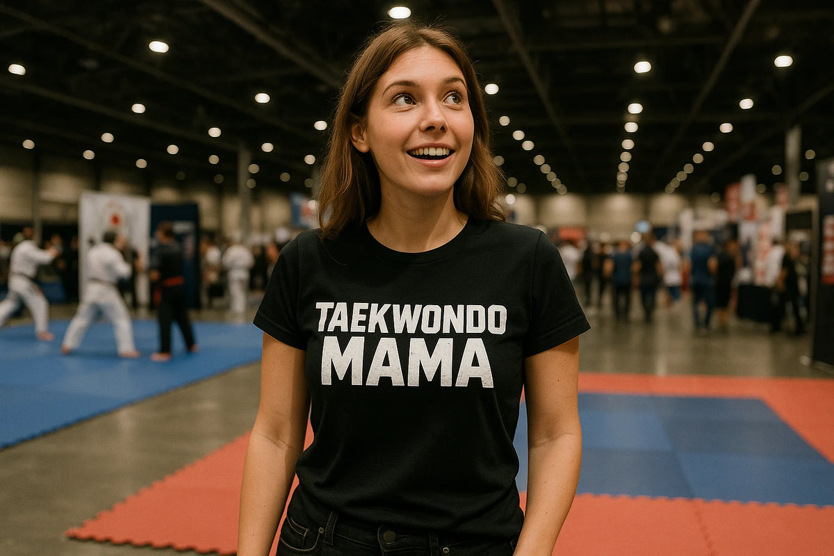 Lifestyle shot of the "Taekwondo Mama" black t shirt martial arts in a real-world setting