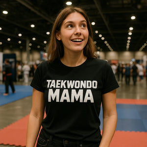 Lifestyle shot of the "Taekwondo Mama" black t shirt martial arts in a real-world setting