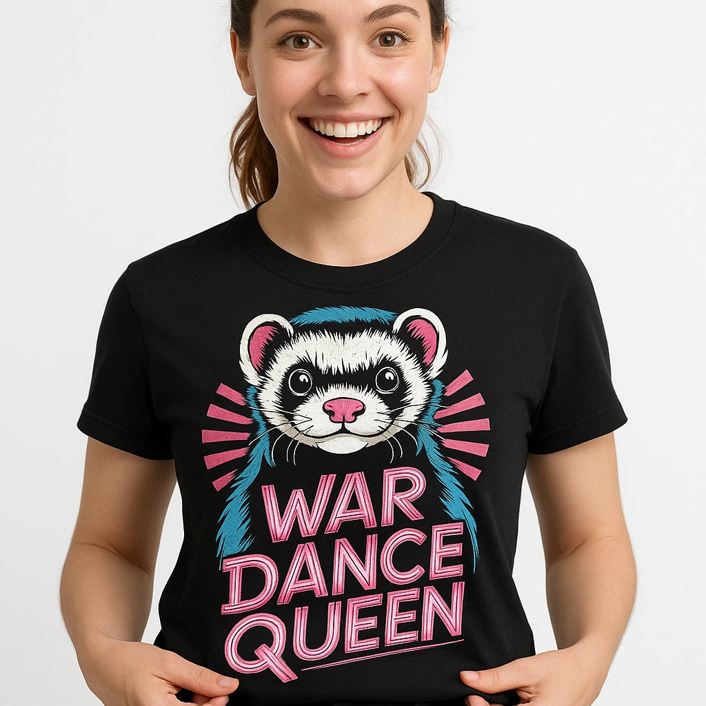 Close-up of the "War Dance Queen" gray print on a premium Bella+Canvas black ferret t shirt