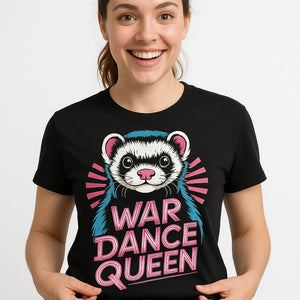 Close-up of the "War Dance Queen" gray print on a premium Bella+Canvas black ferret t shirt