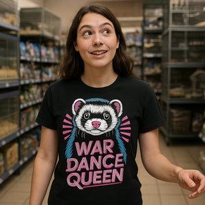 Lifestyle shot of the "War Dance Queen" black ferret t shirt in a real-world setting
