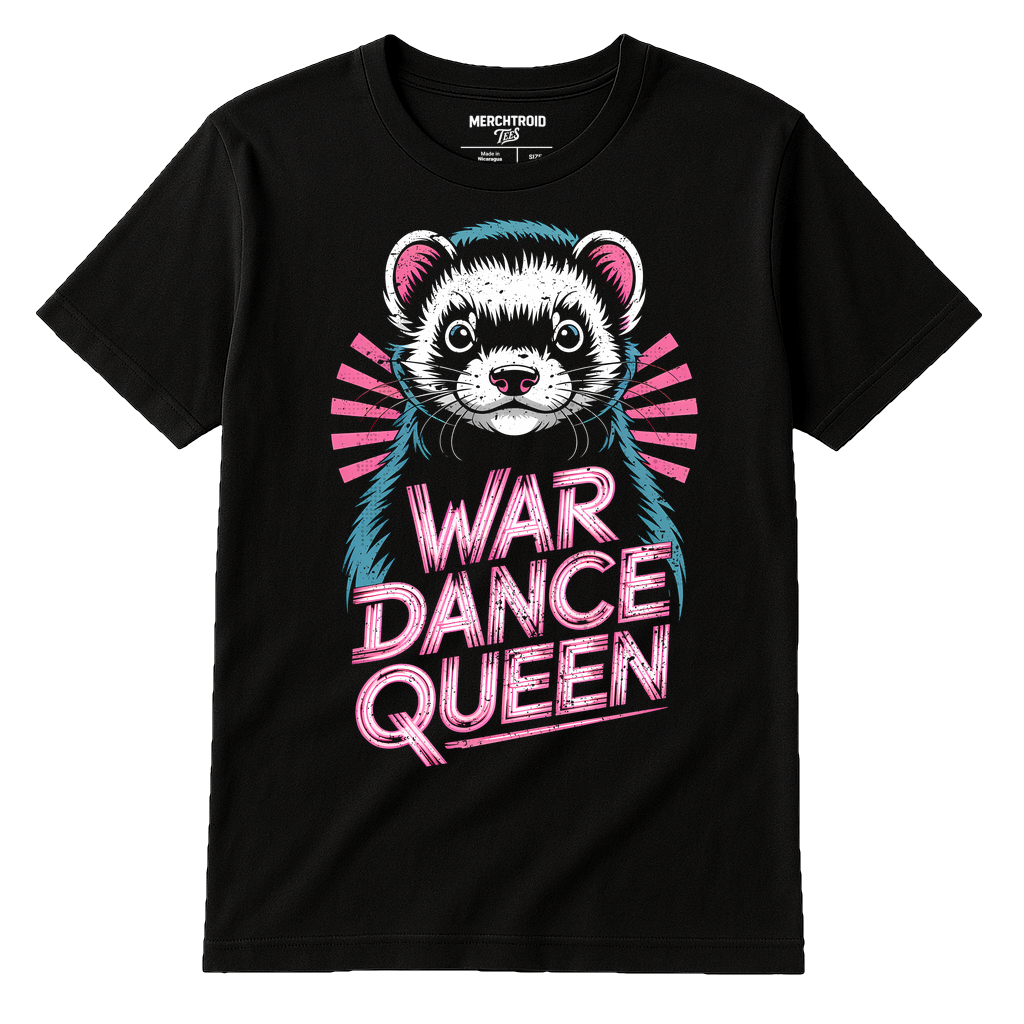 Black Ferret T Shirt - "War Dance Queen" graphic tee with gray print, flat lay product photo